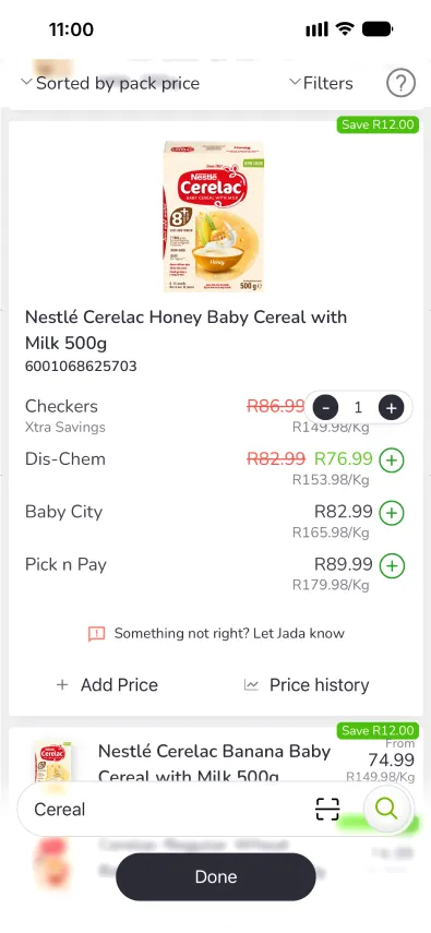 Jada search results with add to cart